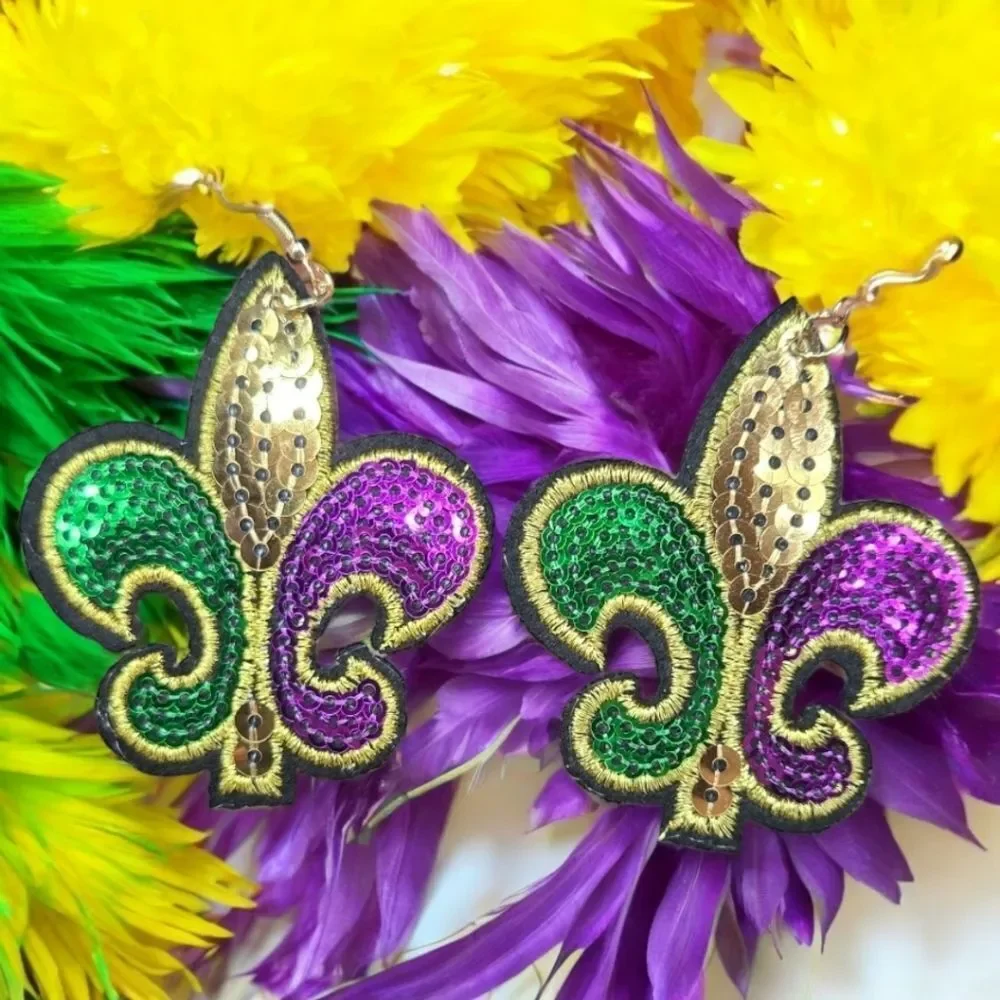 Sequin Fleur-de-Lis Earrings Mardi Gras Carnival Embroidered Dangle Jewelry New